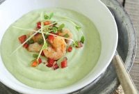 Chilled Avocado and Sweet Corn Soup with Lime Shrimp Salsa