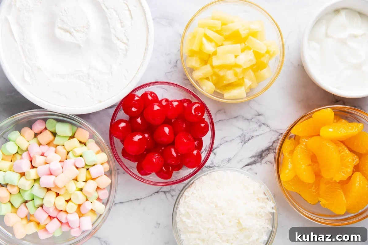 Ambrosa Fruit Salad ingredients include Cool Whip, vanilla yogurt, pineapple, cherries, mandarin oranges, fruit marshmallows, and sweetened coconut.