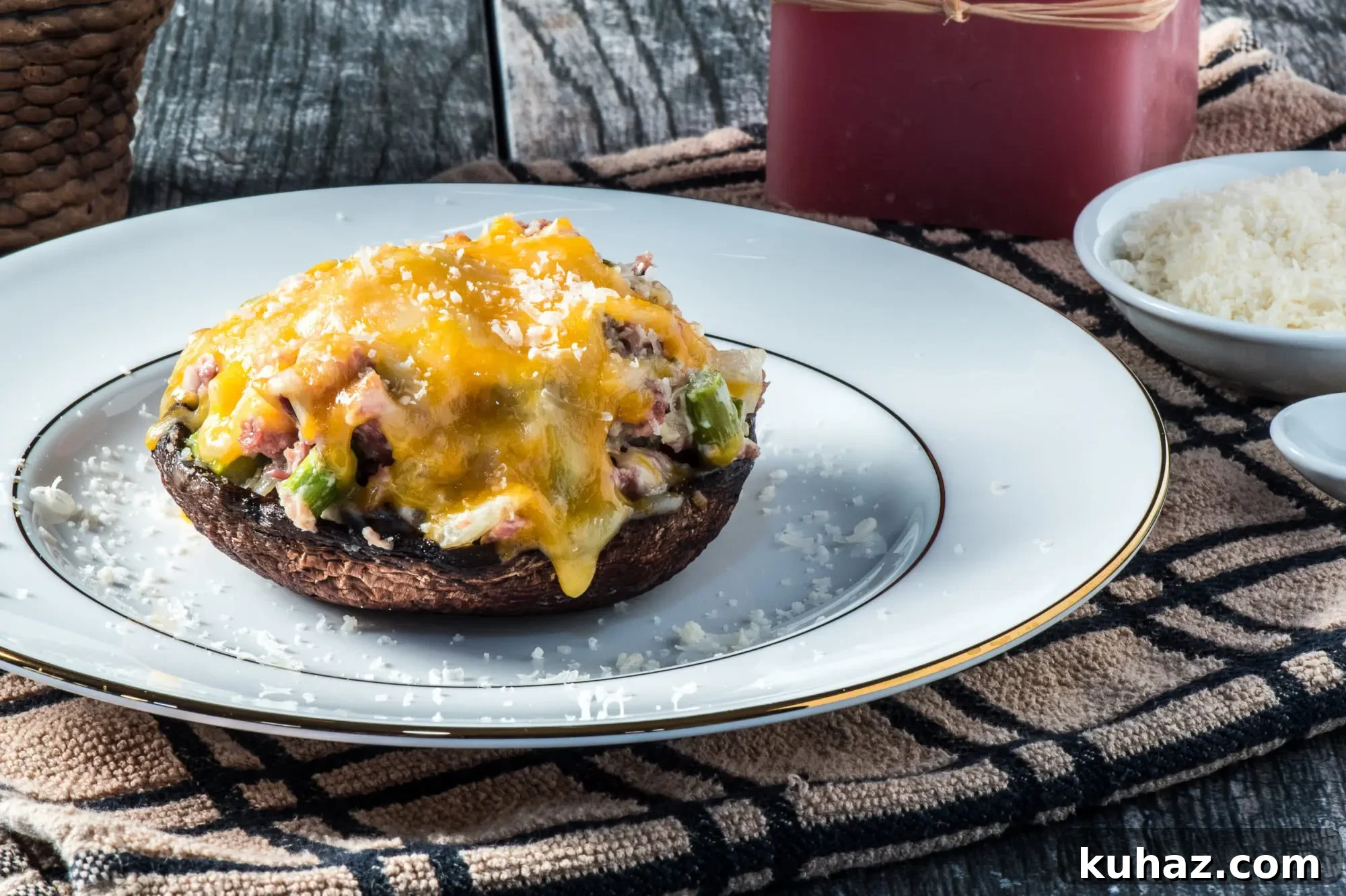 Low angle view of stuffed portobello mushrooms