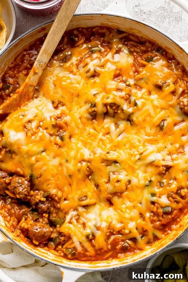 Juicy Oven Baked Meatballs Recipe 2 Fully cooked sloppy joe orzo in a braiser pan with a wooden spoon in it.