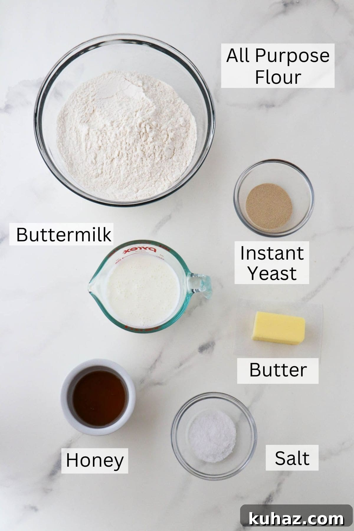 Homemade Buttermilk Bread Recipe: Soft, Tender Loaf 3 Labeled ingredients for Soft and Tender Buttermilk Bread.