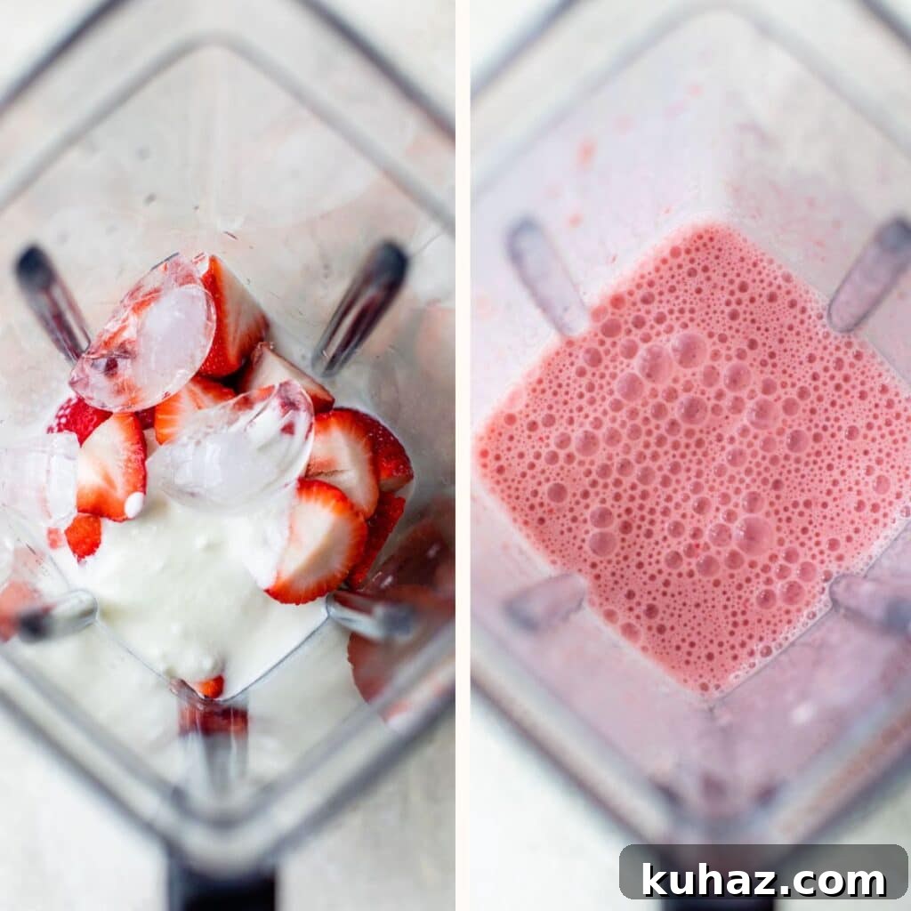 Creamy Chocolate Covered Strawberry Smoothie Recipe 4 strawberries, yogurt and milk in a blender on the left and blended together on the right
