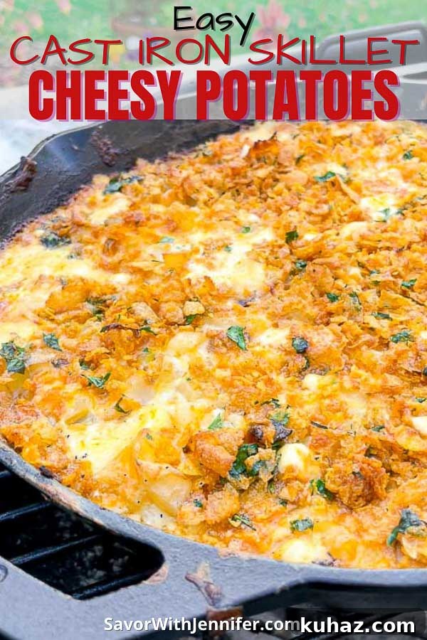 PINTEREST PIN IMAGE FOR EASY CAST IRON SKILLET POTATO CASSEROLE