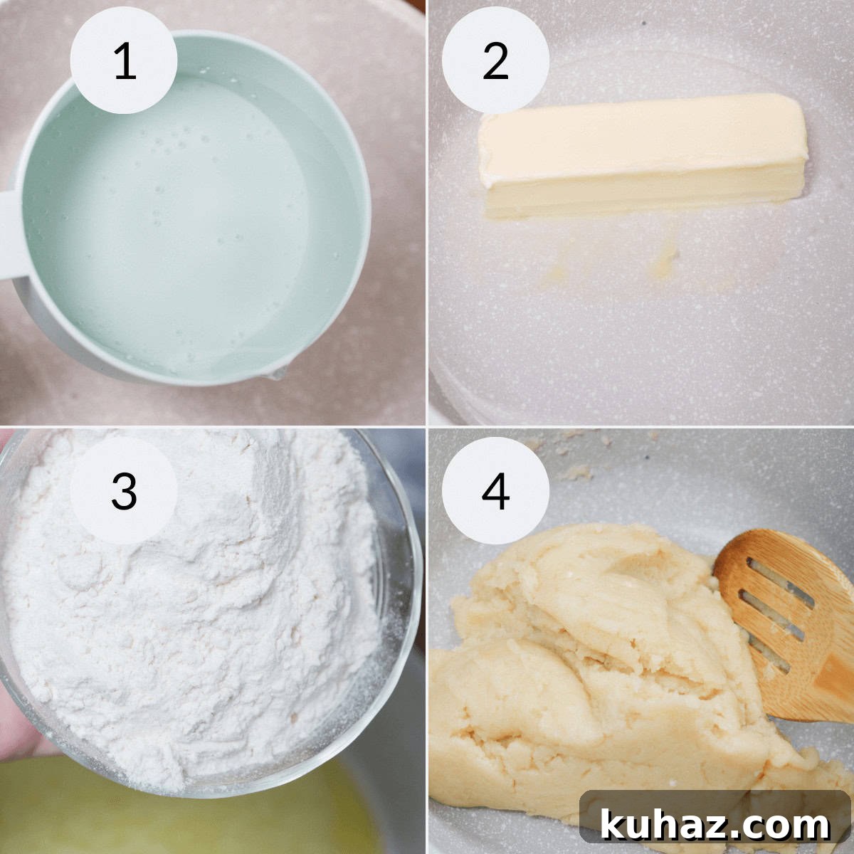 Cream Puff Cake Recipe with Vanilla Custard Filling 5 Creating the dough for the bottom layer.