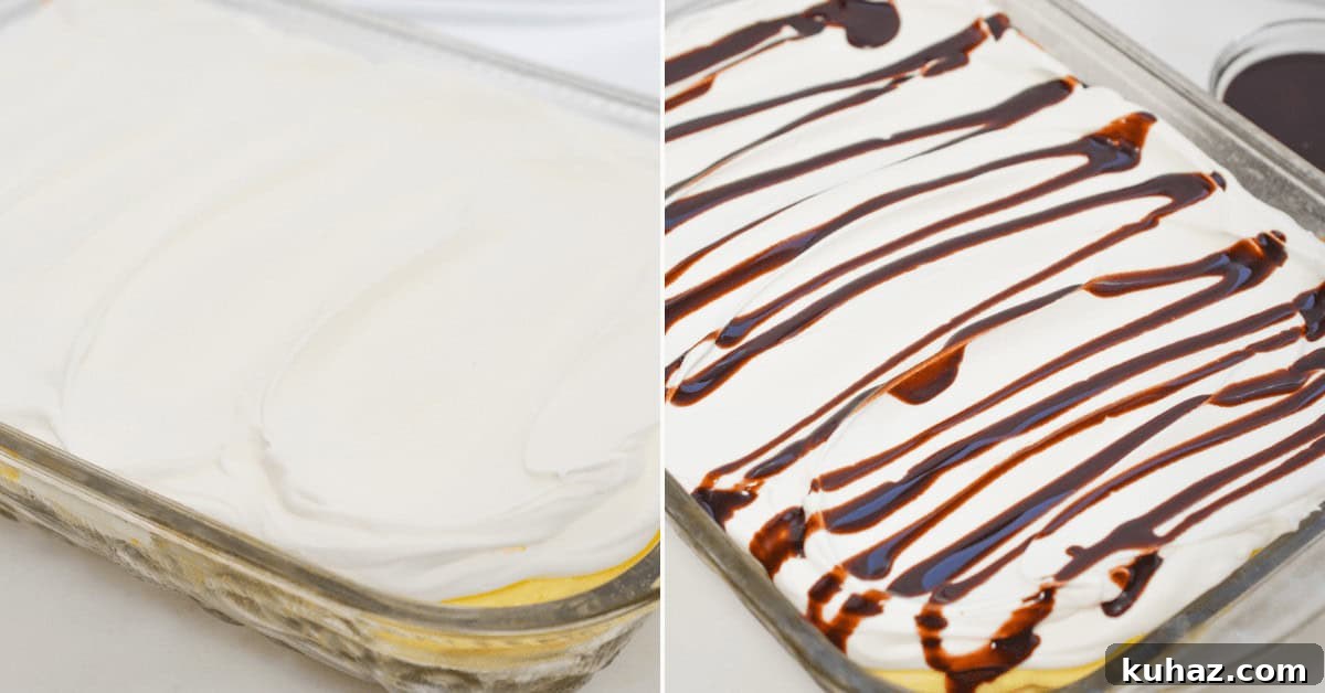 Cream Puff Cake Recipe with Vanilla Custard Filling 8 Assembling the finished cake with a drizzle of chocolate.
