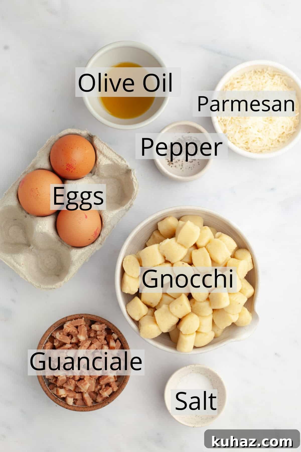 All the ingredients needed to make gnocchi carbonara, weighed out into small bowls.
