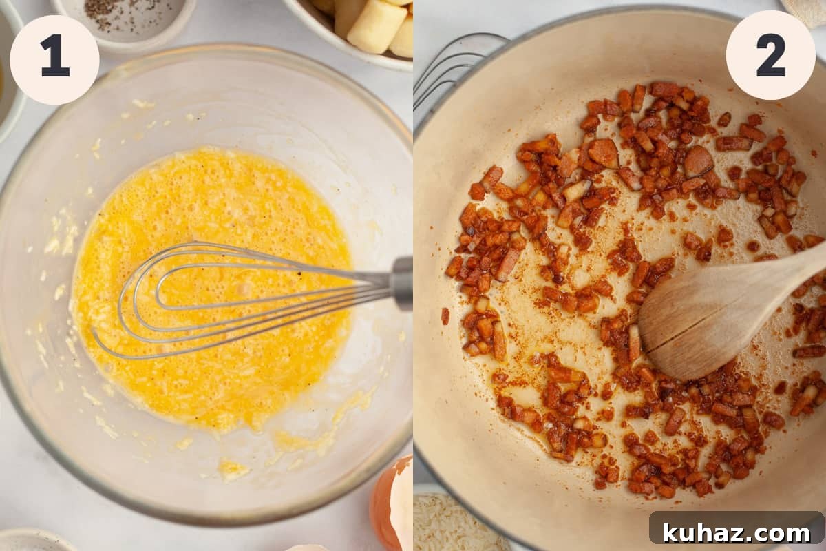 whisked egg in a small bowl and a large pan with bacon bits in it.