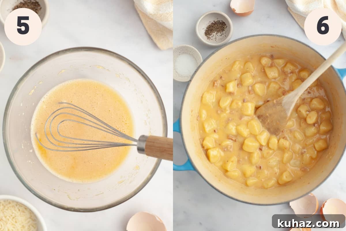 A carbonara sauce in a small bowl and a large dutch oven with gnocchi carbonara in it.