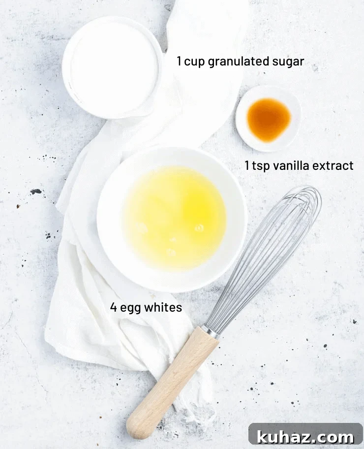 How to Make Meringue: Techniques, Tips and Troubleshooting 4 ingredients for meringue with measurements written next to each one