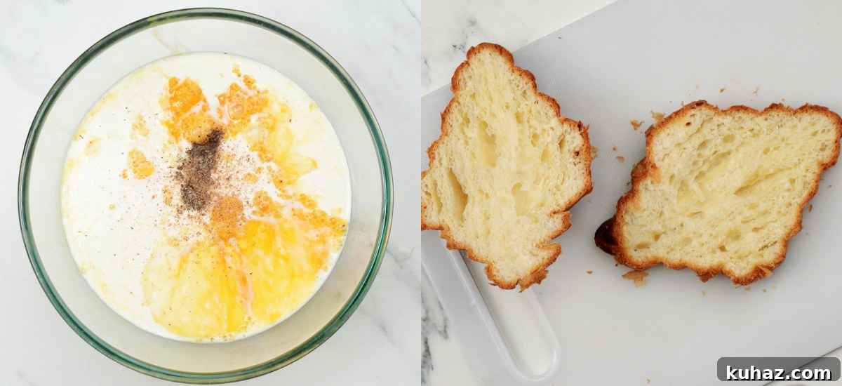 Make-Ahead Ham and Cheese Croissant Breakfast Casserole 6 1. Egg, milk and cheese mixture. 2. Halved croissants.