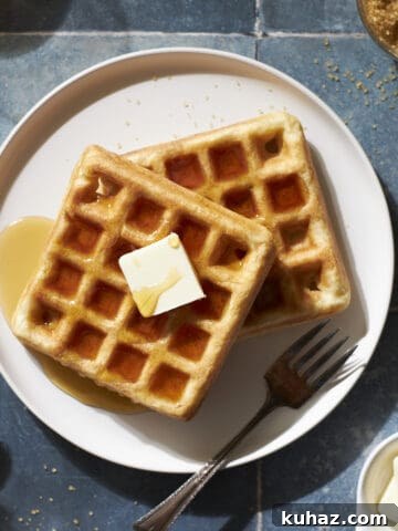 Cropped image of two Sourdough Discard Waffles on a white plate with a pad of butter and maple syrup.