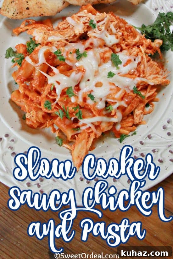 Slow Cooker Chicken Pasta in Savory Tomato Sauce 2 Slow Cooker Saucy Chicken and Pasta has fall apart chicken with a spaghetti and alfredo sauce.