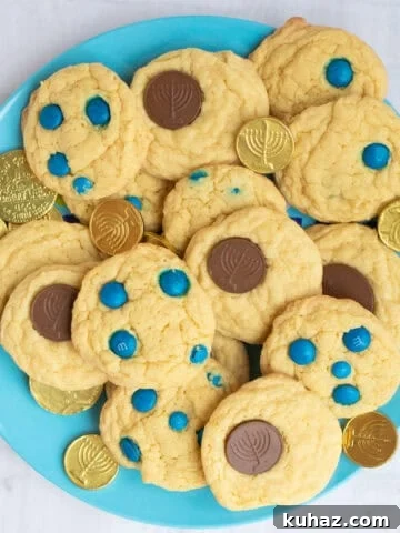 Chewy 4-Ingredient Brownie Mix Cookies 13 hanukkah cookies with chocolate gelt and m&ms.