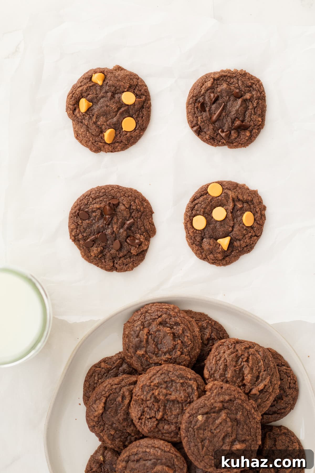 Chewy 4-Ingredient Brownie Mix Cookies 4 brownie cookies with butterscotch chips.