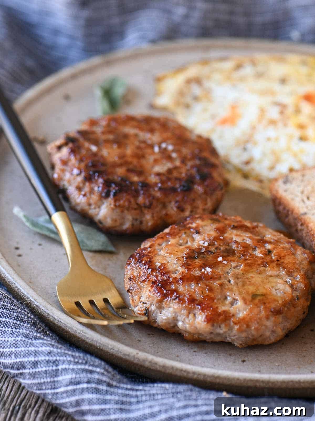 Homemade Maple Sage Breakfast Sausage Patties Recipe 2 Delicious grilled breakfast sausage patties served with scrambled eggs and toasted bread at Brunch & Batter.