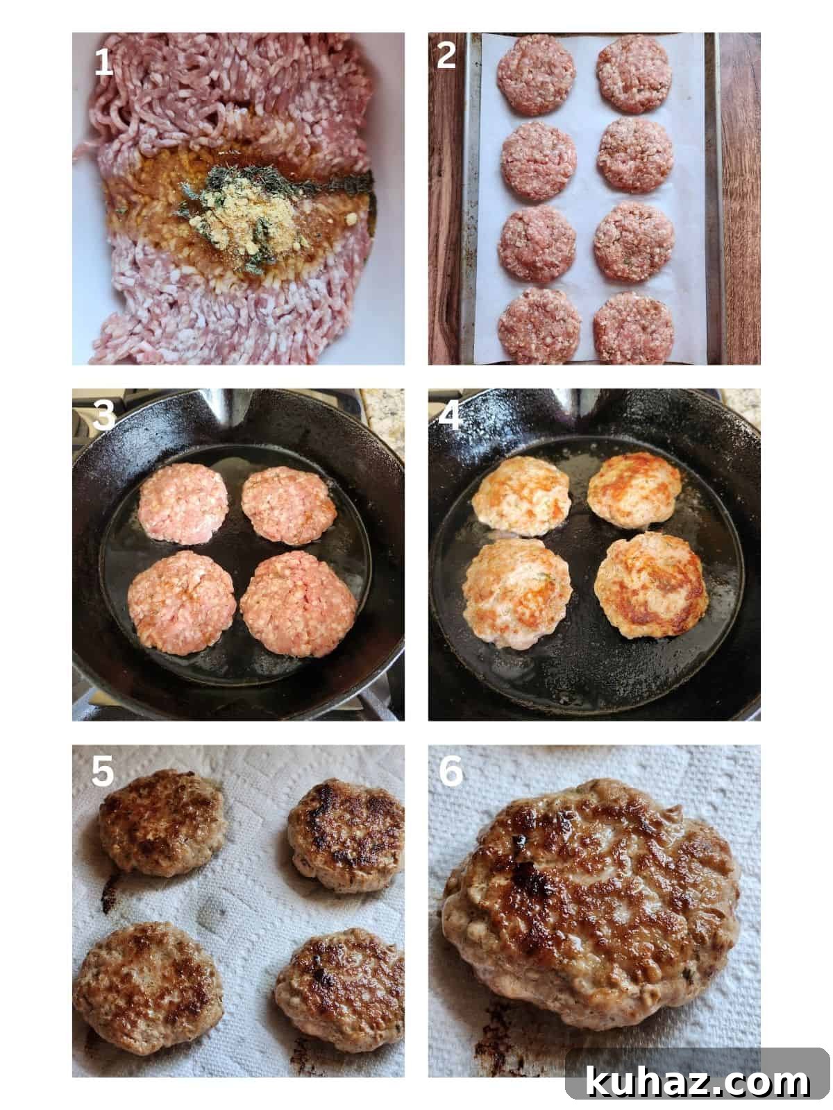 Homemade Maple Sage Breakfast Sausage Patties Recipe 4 A collage of six steps showing how to mix and fry sausage patties.