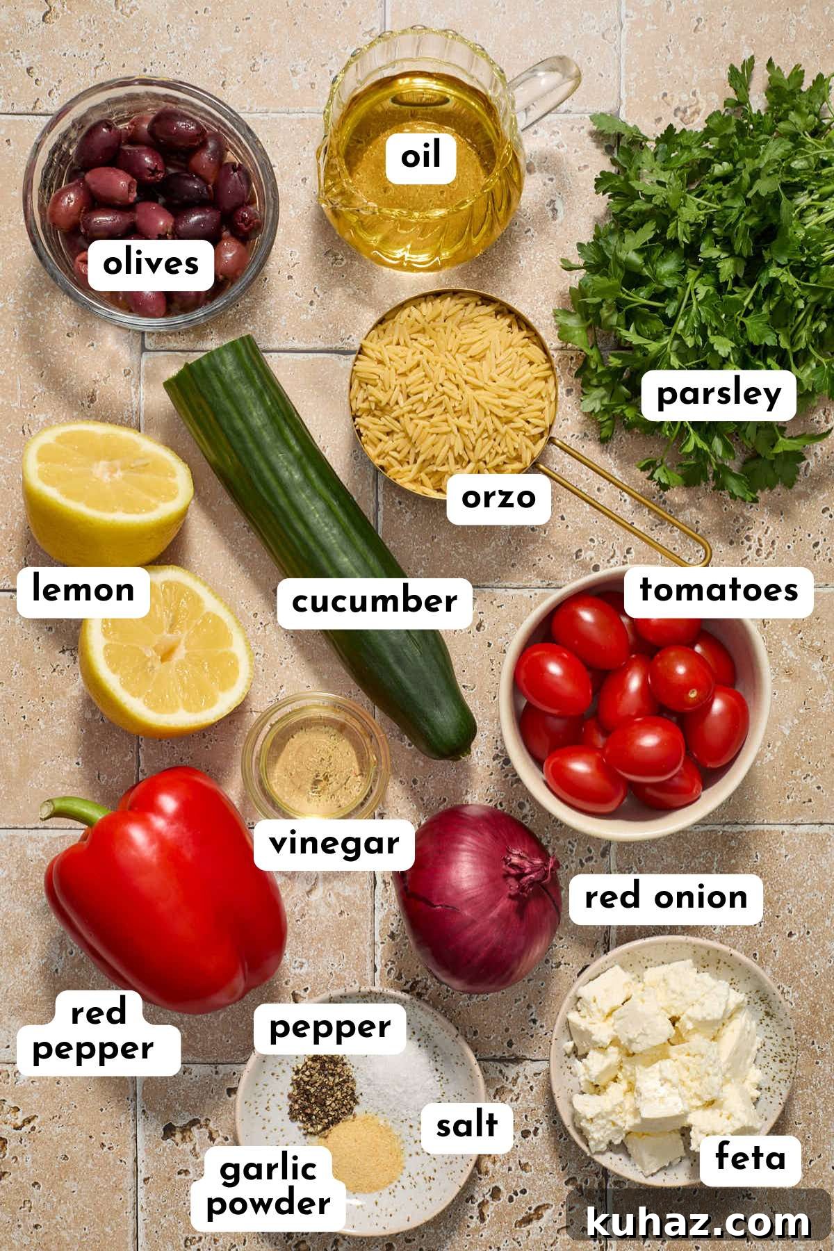 Ingredients to make a Greek orzo pasta salad arranged individually and labeled.