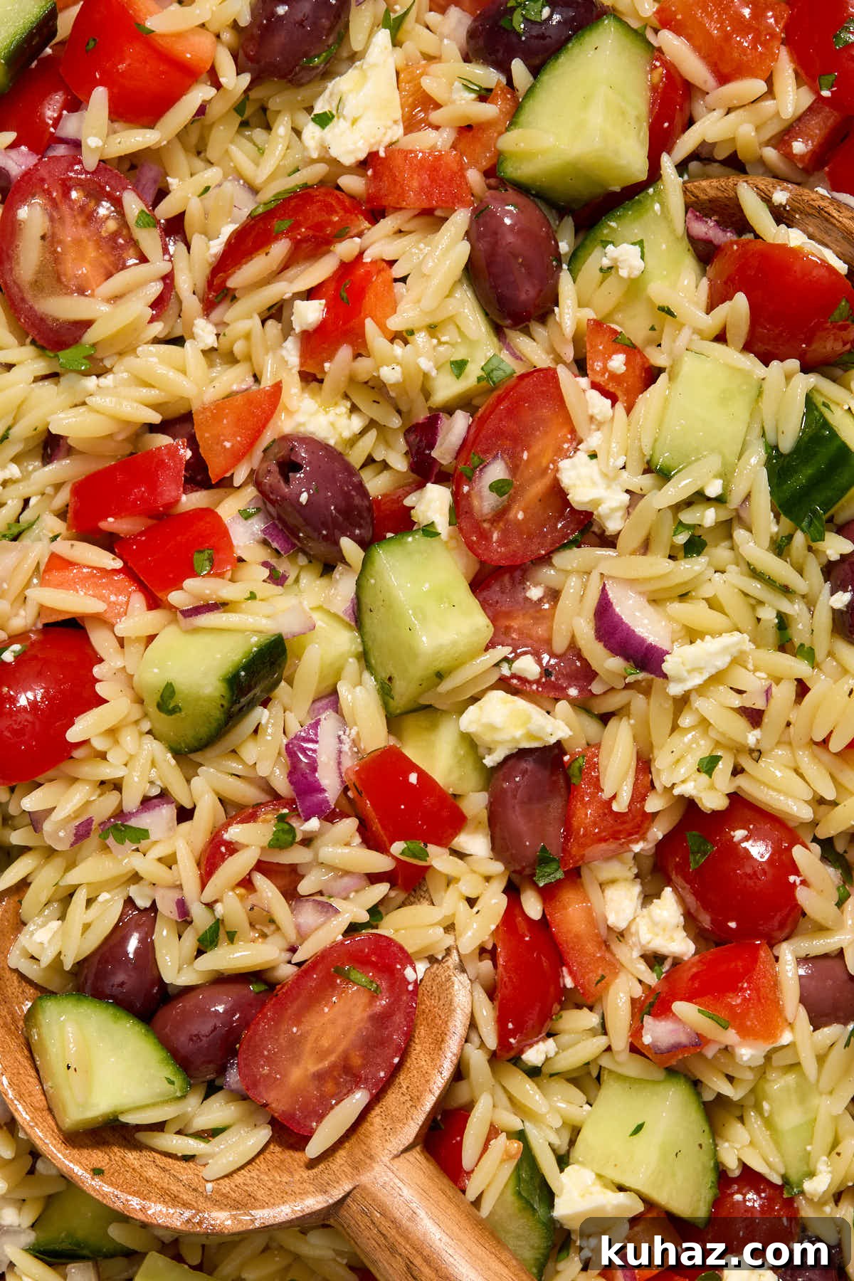 Close up of Greek orzo pasta salad.