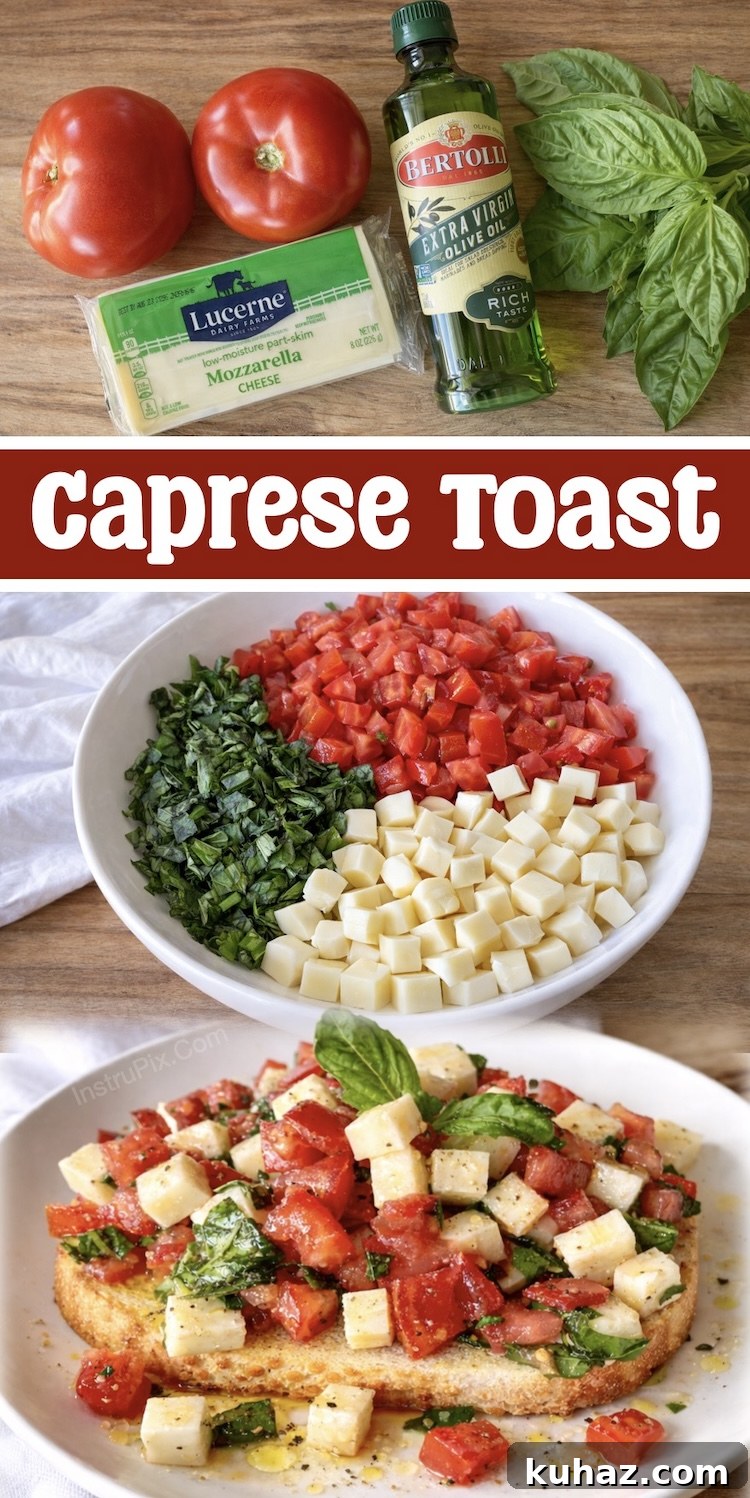 Chopped Caprese Toast with Balsamic Glaze 8 Chopped Caprese Toast is a light vegetarian summer time meal made with toasted bread, fresh tomatoes, fresh basil, mozzarella cheese, seasoning, and extra virgin olive oil.