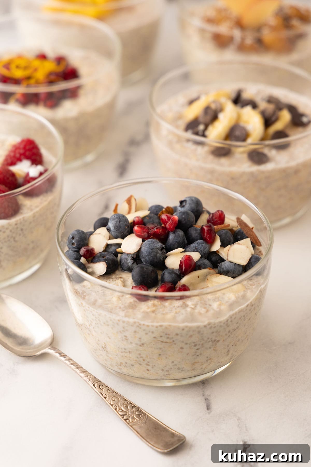 High-Protein Overnight Oats with Chia Seeds Recipe 2 A glass bowl of overnight oats with blueberries and pomegranate seeds.