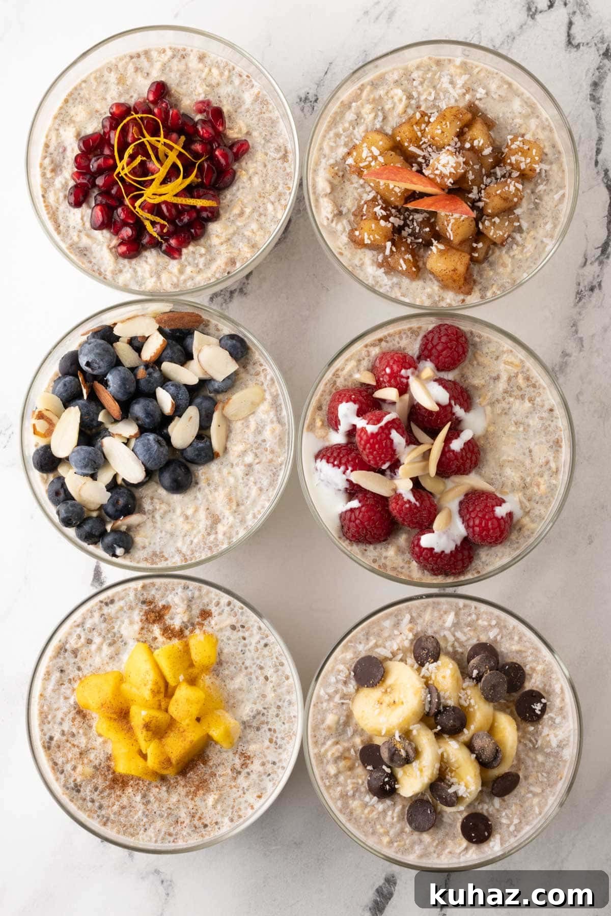 High-Protein Overnight Oats with Chia Seeds Recipe 5 Six bowls of overnight oats with a variety of colorful toppings.