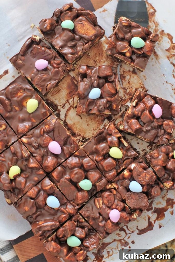 No-Bake Rocky Road Chocolate Marshmallow Bars Recipe 3 Rocky Road Bars with mini Easter eggs.