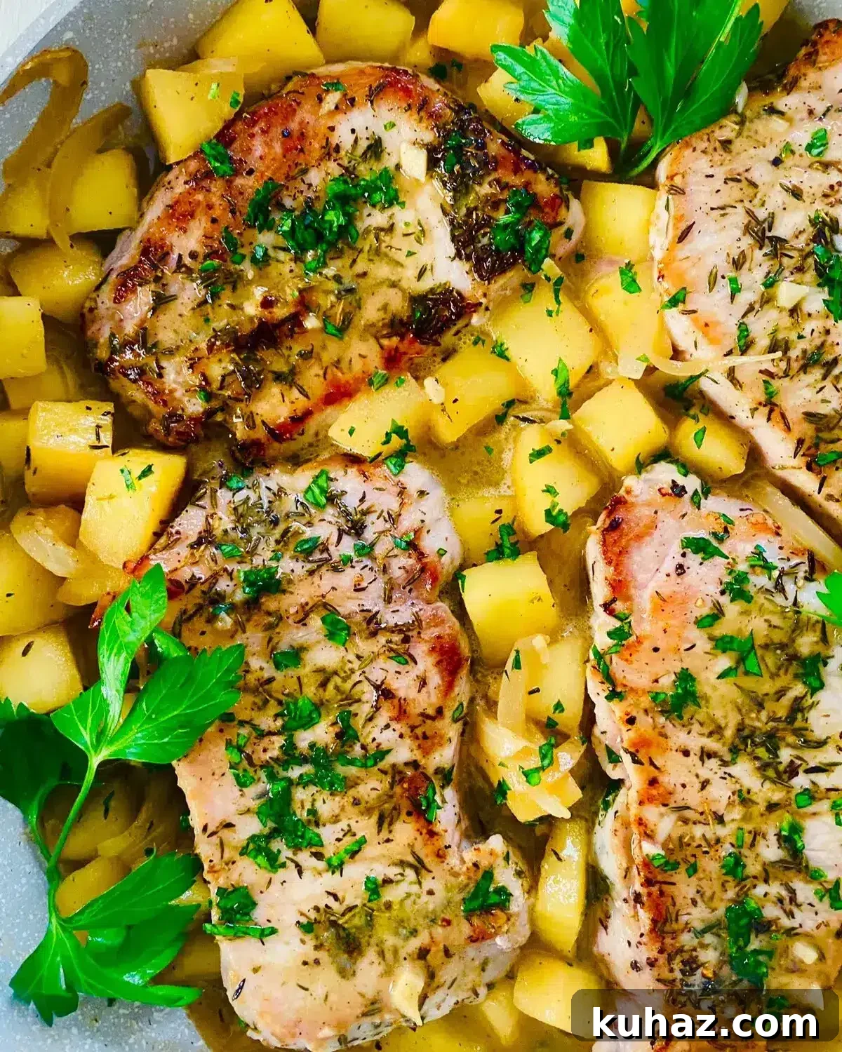 A pan with pork chops and apples.