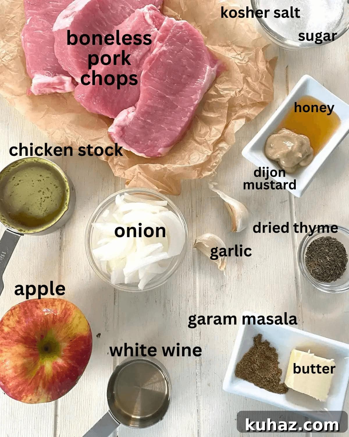 Pork chops, apple, onion, butter, salt, mustard, chicken stock.