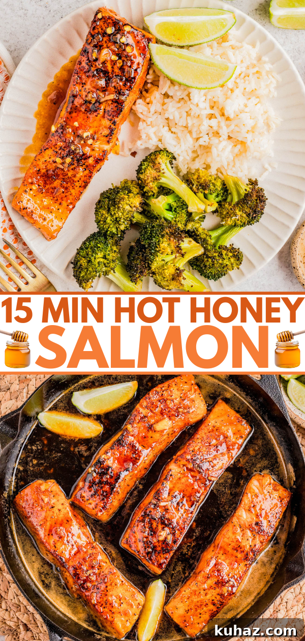 Plate with cooked salmon, white rice, broccoli, and lime wedges above text reading "15 Min Hot Honey Salmon," with three salmon fillets cooking in a skillet.