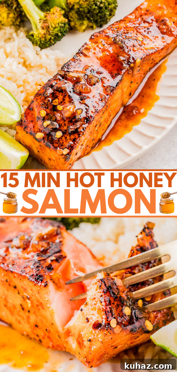Close-up of a plate with hot honey glazed salmon, white rice, broccoli, and lime wedges, with text overlay reading "15 Min Hot Honey Salmon.