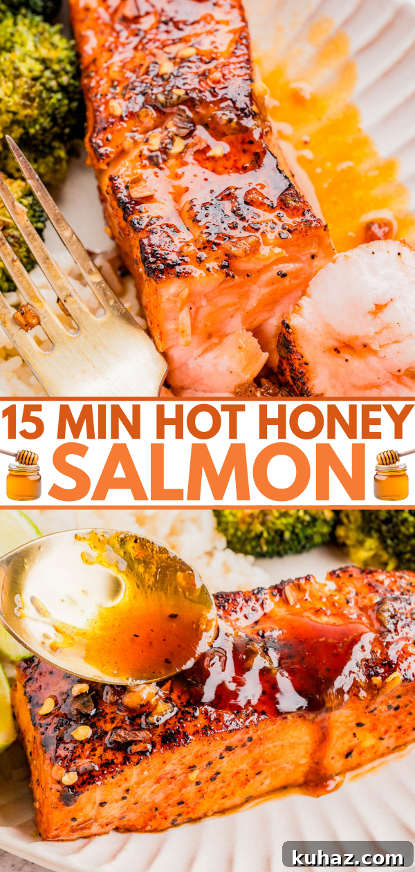 A close-up of cooked salmon fillets topped with hot honey sauce, served with broccoli. Text reads “15 Min Hot Honey Salmon” with honey pot icons.