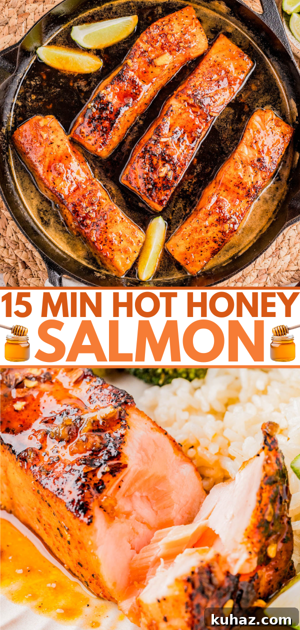 Three pieces of glazed salmon in a skillet with lime wedges, and a close-up of a cooked salmon fillet served with rice. Text reads "15 Min Hot Honey Salmon.