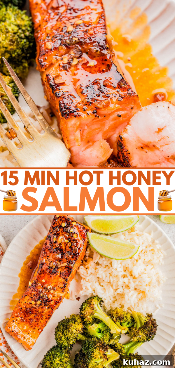 A cooked salmon fillet with hot honey glaze served with white rice, broccoli, lime wedges, and a fork. Text overlay reads "15 MIN HOT HONEY SALMON.