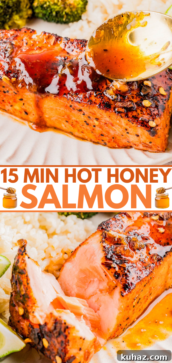 A close-up of hot honey-glazed salmon being spooned with sauce, with the text "15 Min Hot Honey Salmon" between two images of the cooked fish.