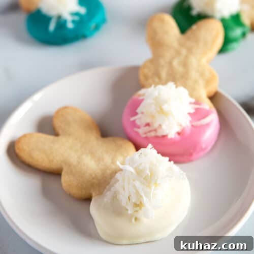 Easter Bunny Cookies with Fluffy Marshmallow Tails 20 Bunny Shaped Shortbread Cookies for Easter on a plate