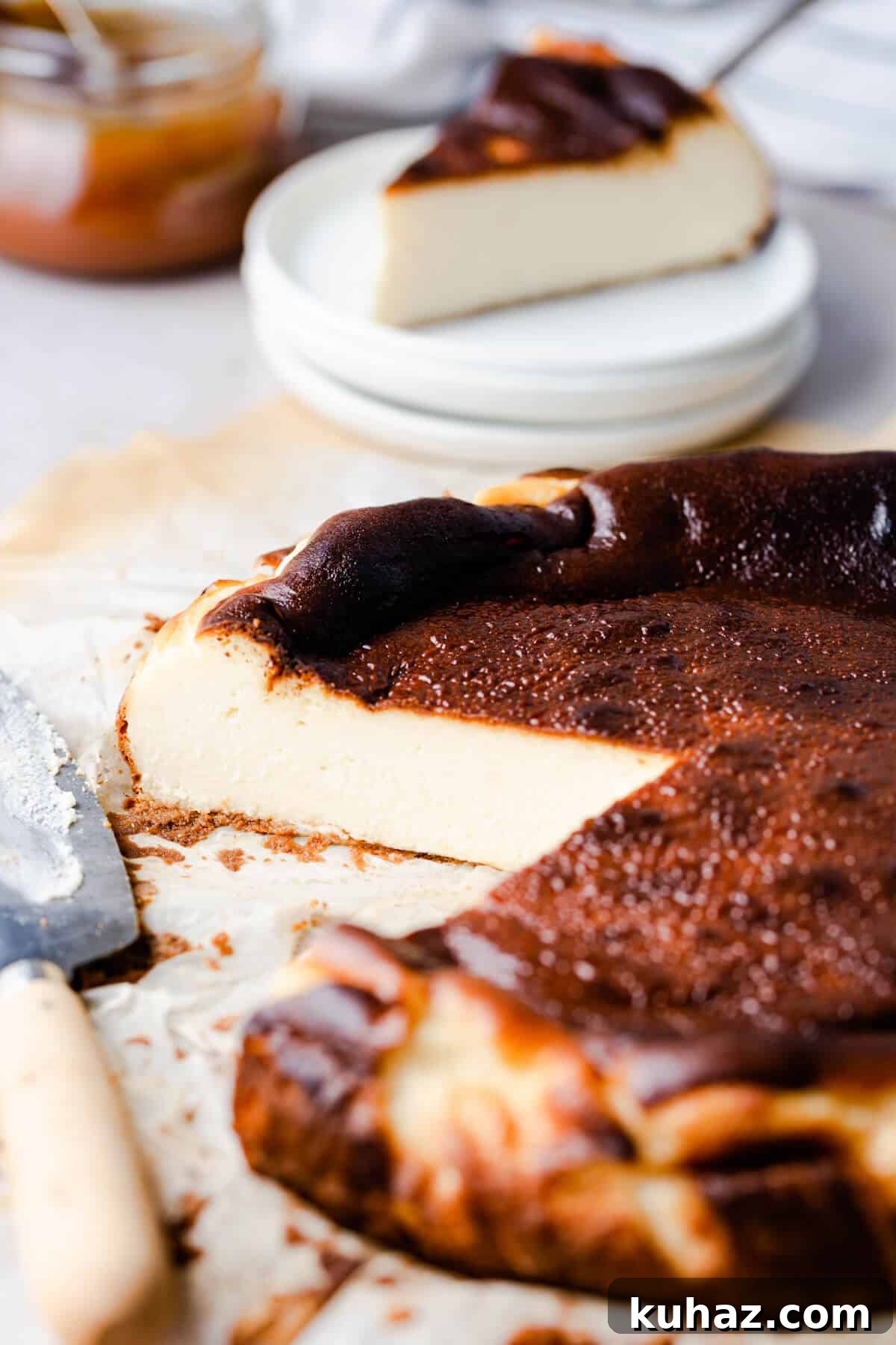 Basque Burnt Cheesecake Recipe — Silky, Caramelized Top 11 side angle shot revealing the creamy texture of cheesecake