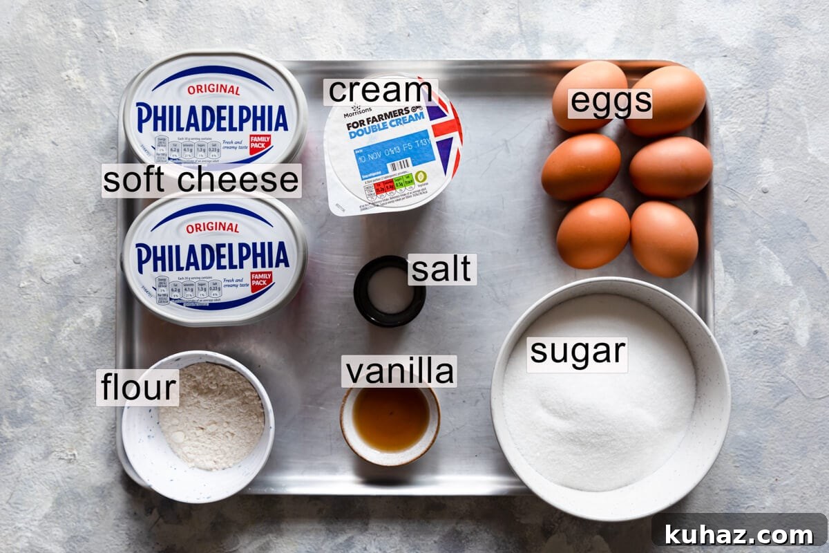 Basque Burnt Cheesecake Recipe — Silky, Caramelized Top 3 ingredients to make burnt Basque cheesecake with text labels.