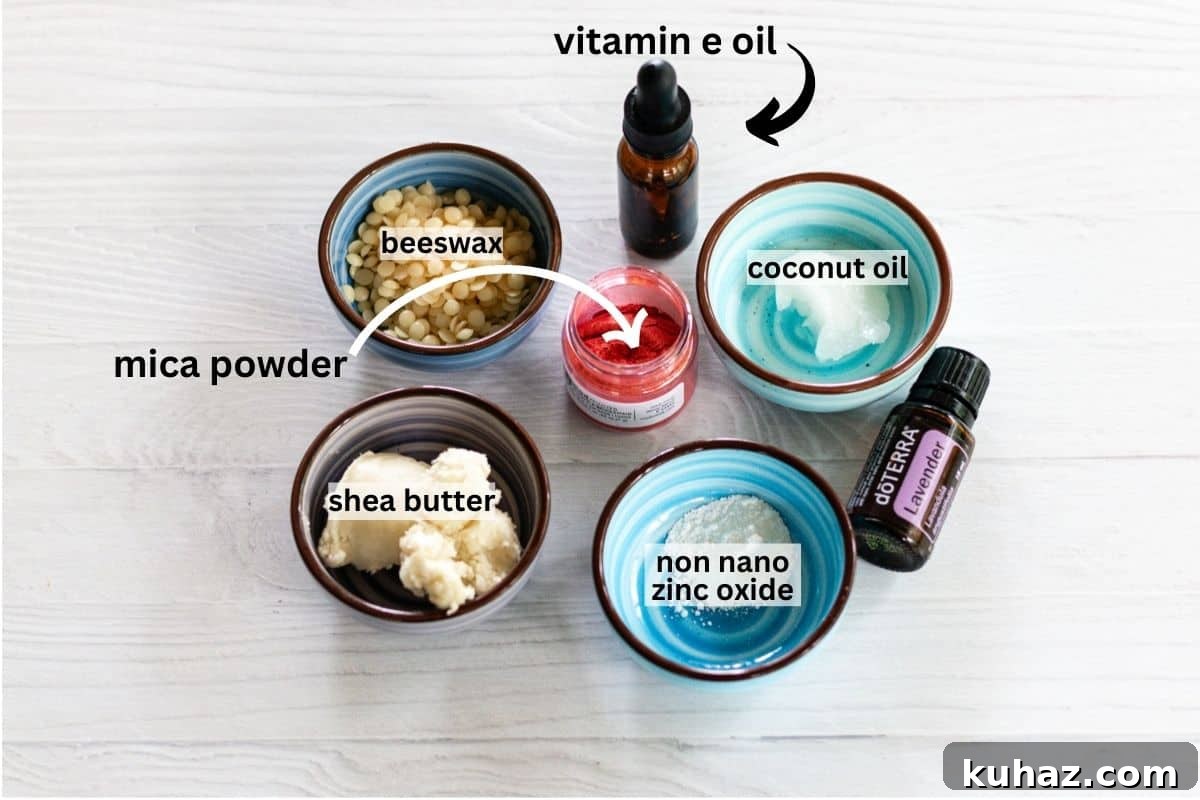 Lipstick ingredients assembled on a wooden countertop.