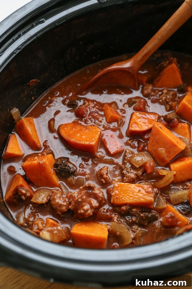 Boozy Slow Cooker Bison Sweet Potato Chili 3 Bean-free bison and sweet potato chili made in a crock pot