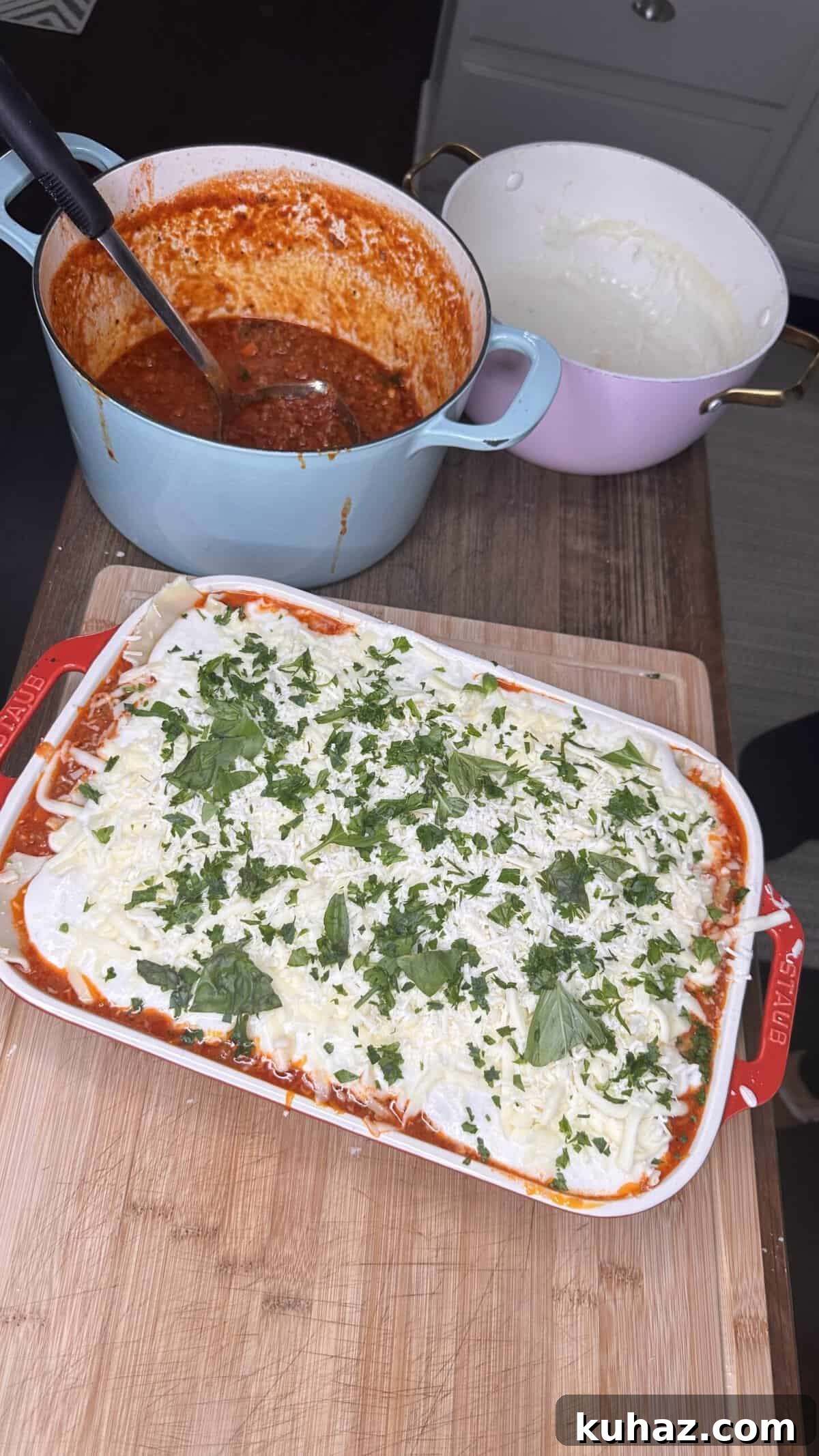 Authentic Italian Lasagna with Rich Tomato Sauce 4 Sauce simmering in a pot