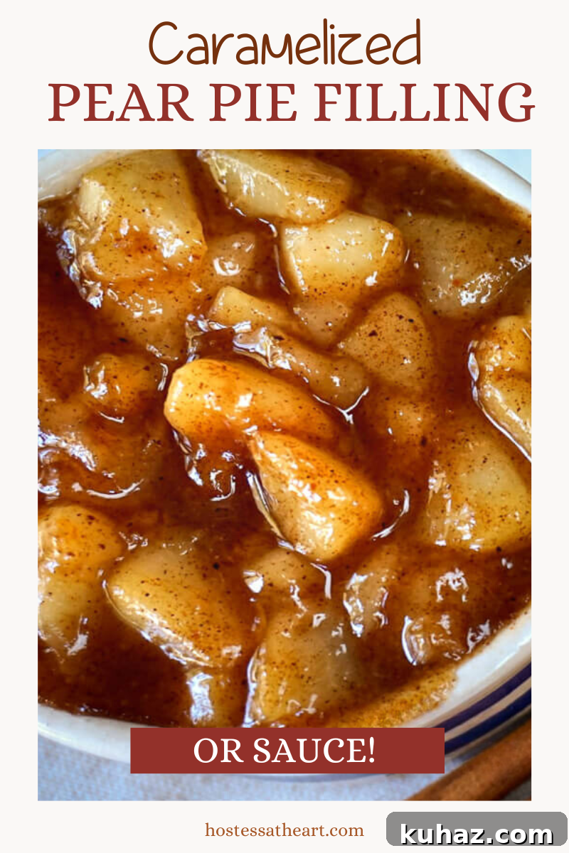 Top down view of pear pie filling in a brown sugar sauce. Hostess At Heart