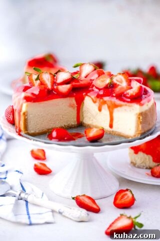 sliced strawberry cheesecake topped with strawberry sauce topping and fresh strawberries