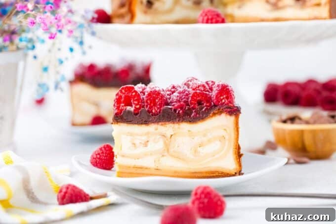 New York Cheesecake Stuffed with Crepes 3 Slices of crepe stuffed new york cheesecake with chocolate ganache and raspberries.