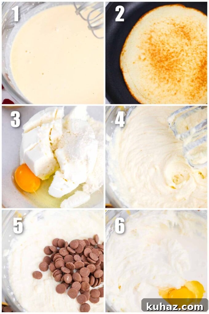 New York Cheesecake Stuffed with Crepes 5 Collage of how to make crepes and cheesecake filling.