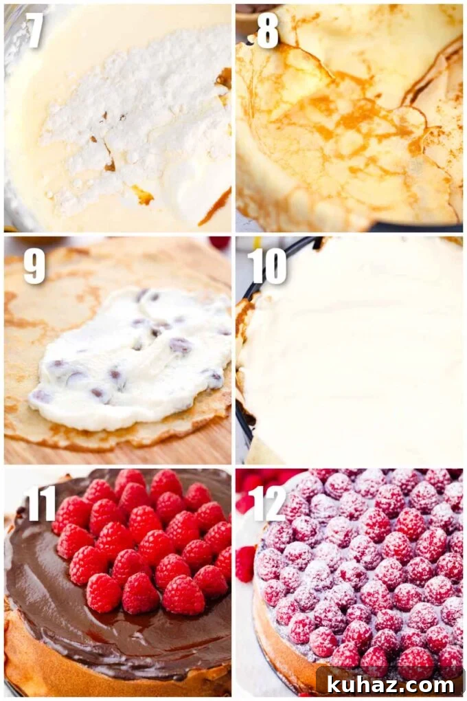 New York Cheesecake Stuffed with Crepes 6 Collage of how to make how to make crepe stuffed new york cheesecake.