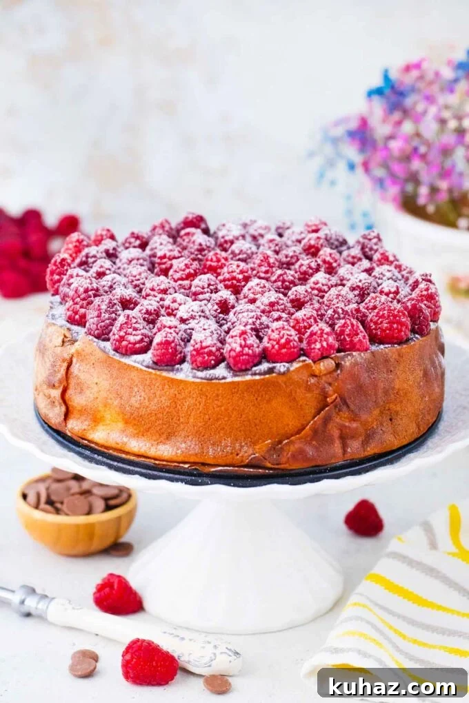 New York Cheesecake Stuffed with Crepes 7 Crepe stuffed new york cheesecake with chocolate ganache and raspberries.