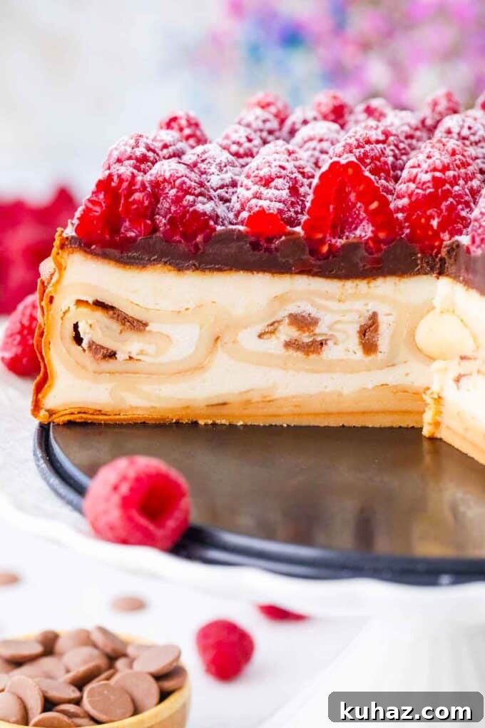 New York Cheesecake Stuffed with Crepes 8 Sliced crepe stuffed new york cheesecake with chocolate ganache and raspberries.