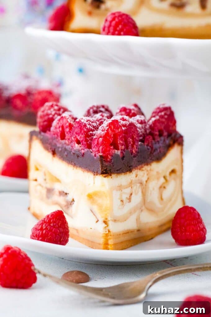 New York Cheesecake Stuffed with Crepes 9 Frontal shot of a slice of crepe stuffed new york cheesecake with chocolate ganache and raspberries.