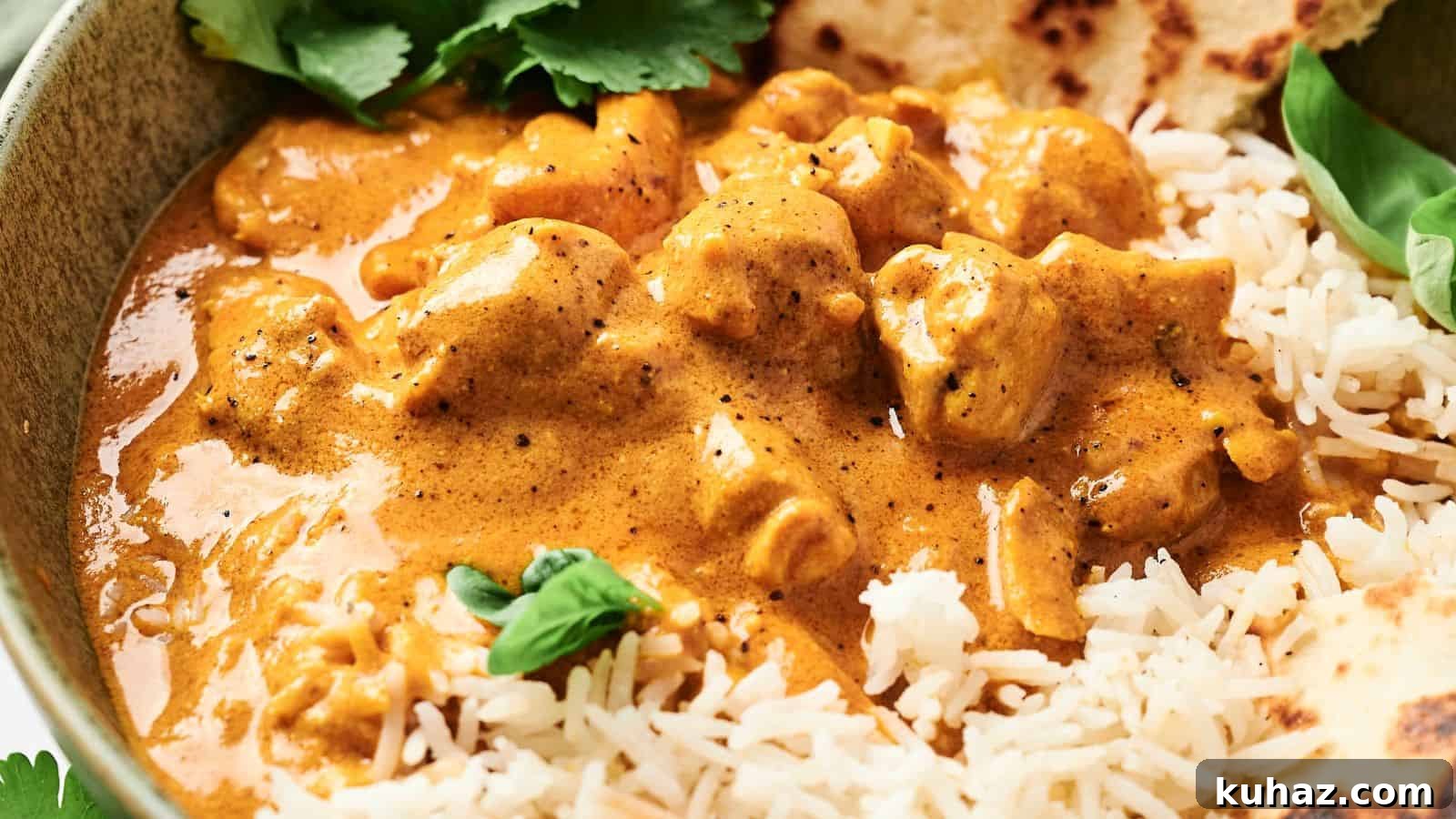 19 Asian Recipes That Fed My Family for $20 18 A bowl of creamy curry with chicken pieces served over white rice, garnished with cilantro, and accompanied by flatbread.