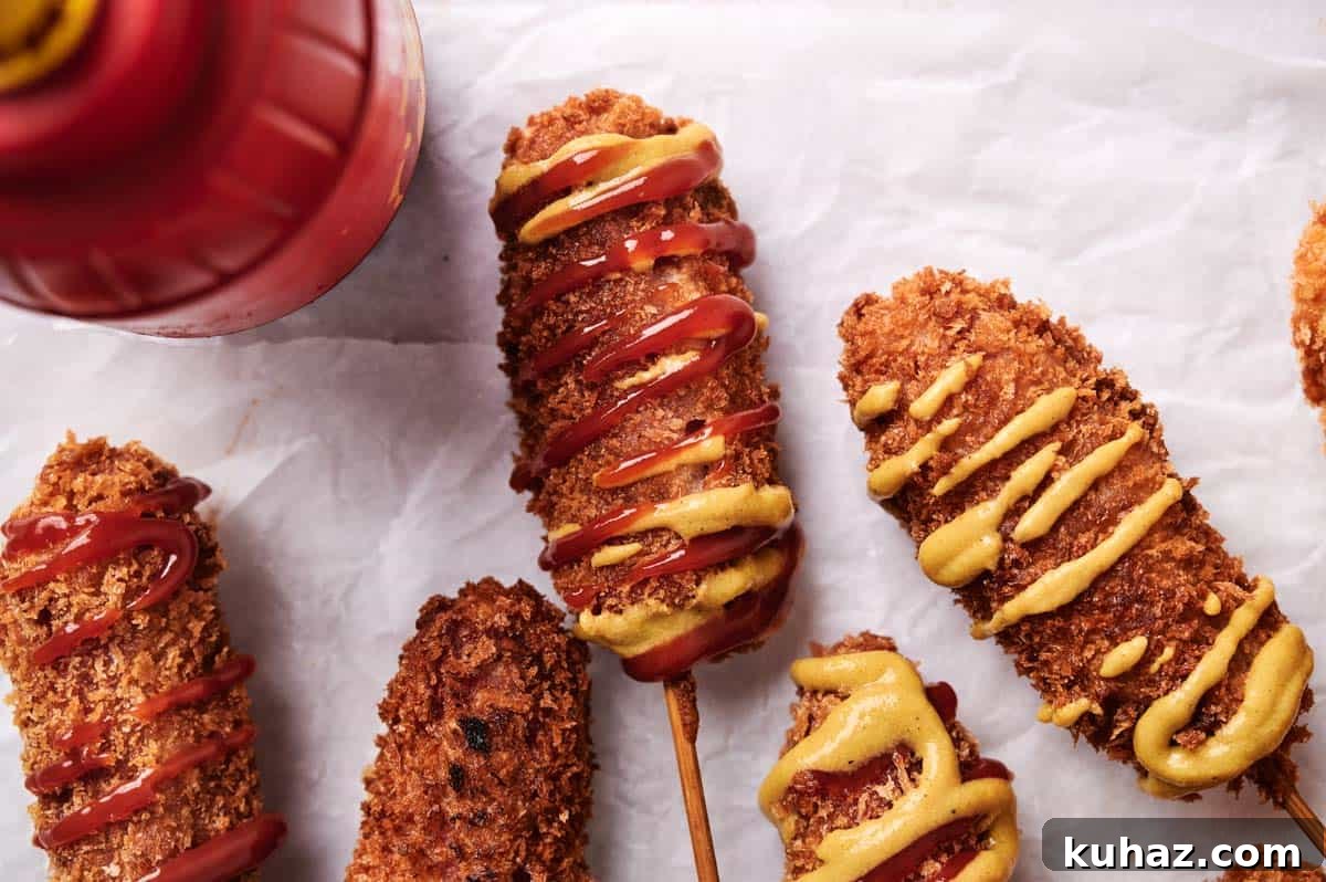 19 Asian Recipes That Fed My Family for $20 4 Several breaded and fried corn dogs on sticks, drizzled with mustard and ketchup, placed on white crumpled paper.